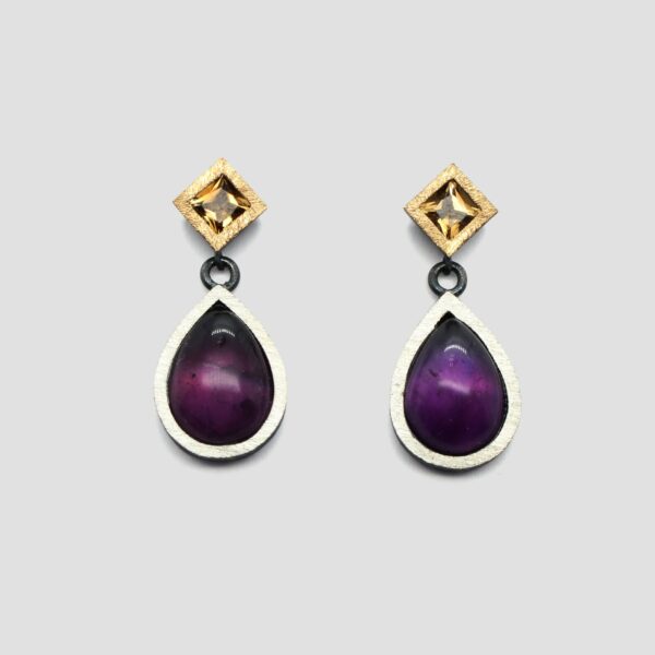 Pendientes citrinos y amatista de plata y oro, joya creada y hecha a mano por Comin Joieria Creativa